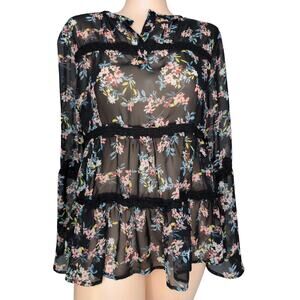 Floral Sheer Tiered Boho Top Medium Fairy Grunge Witchy Coquette Romantic Dainty